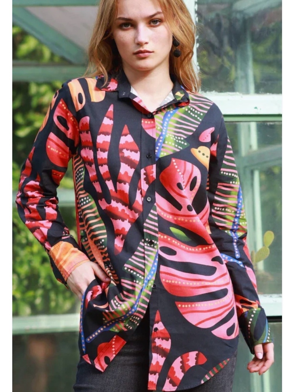 Vibrant Tropical Leaf Print Blouse - Black with Multi-Color Leaves
